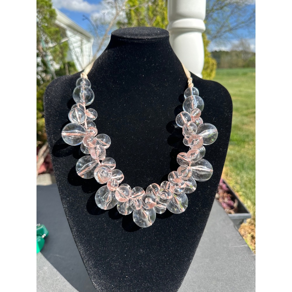 Avenue Women Clear Pink‎ Bubble Bead Statement Necklace Ribbon Strap Gold Tone